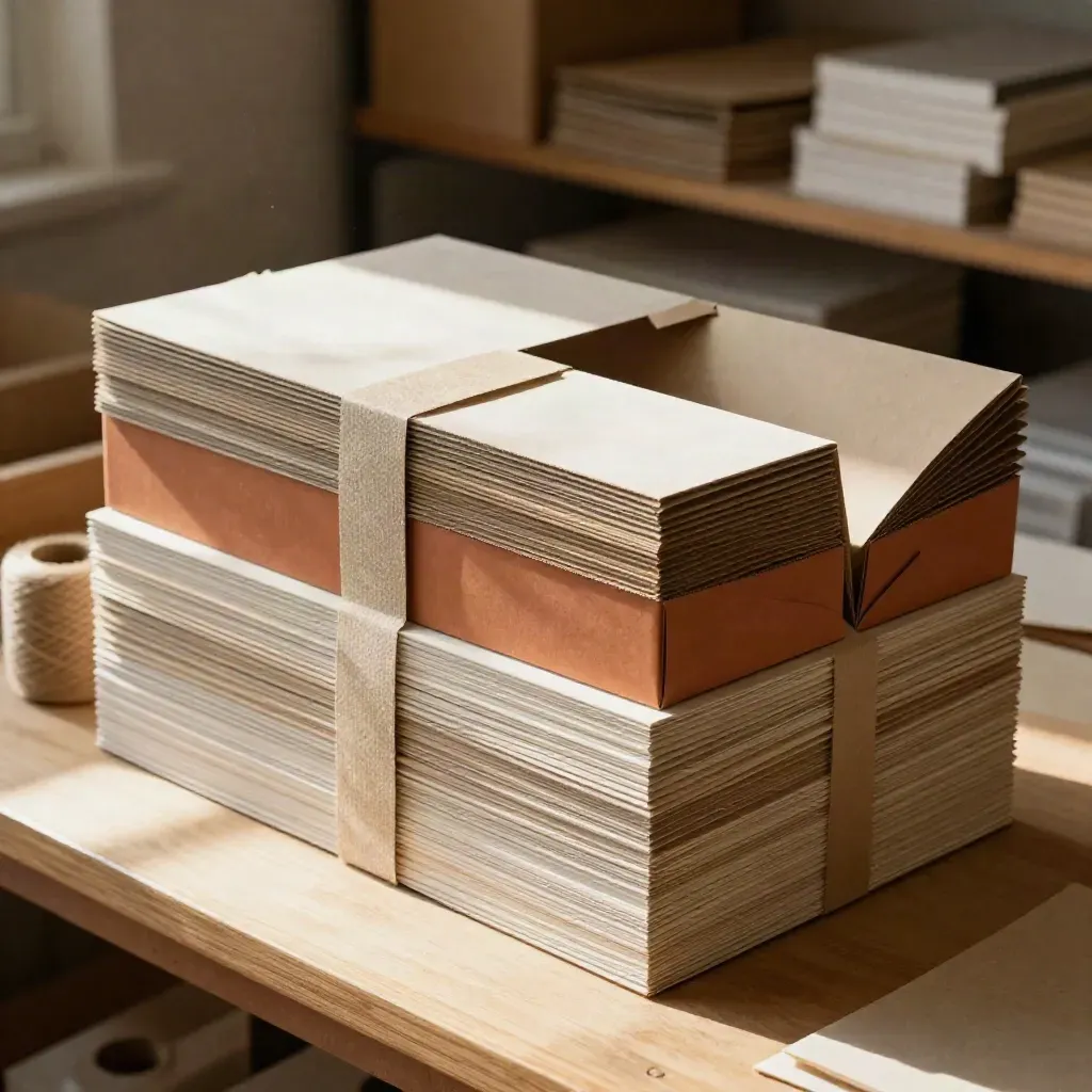 Scatole fustellate e fascette terracotta in una prova di packaging artigianale, luce calda.