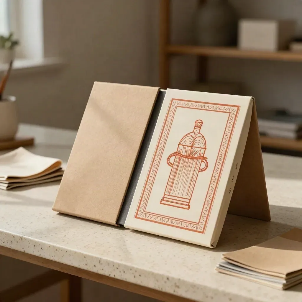 Set di packaging illustrato con scatola, sleeve e etichetta su travertino caldo
