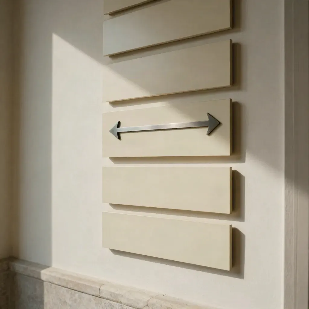 Targhe e frecce guida minimal in un ingresso chiaro, viste dal basso con polvere nell’aria.