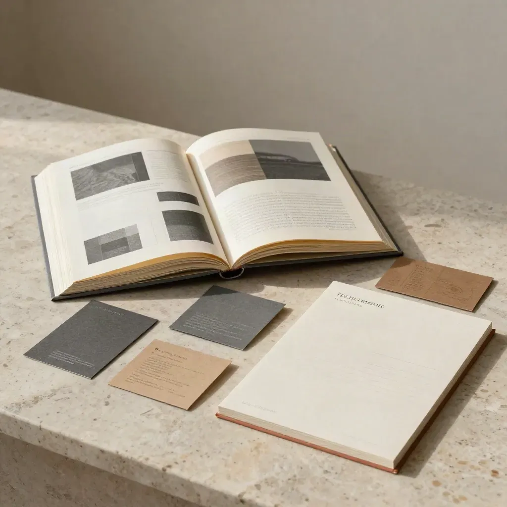 Manuale di marca aperto con tre mockup coordinati su carte, in un atelier luminoso.