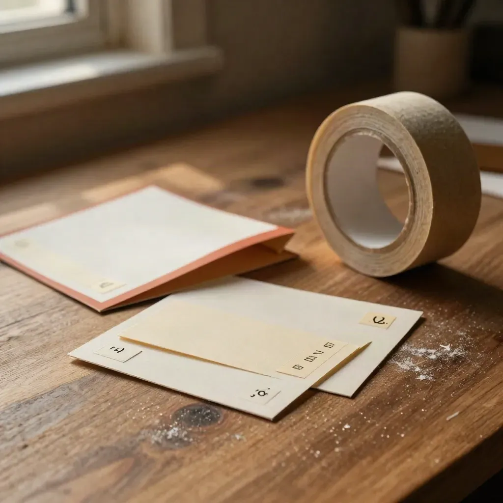Etichette piccole, nastro carta e cartoncino piegato su tavolo di lavoro caldo.
