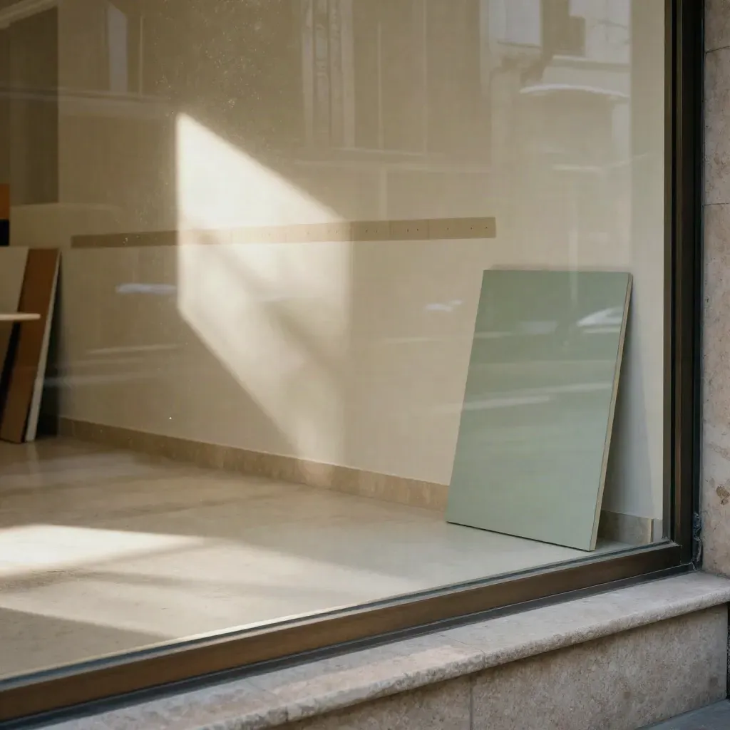 Segni per vetrine su vetro opaco, fascia adesiva neutra e luce salvia in atelier