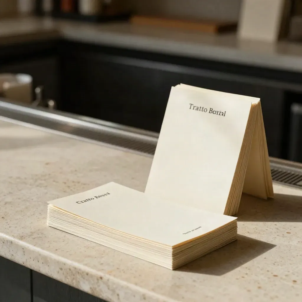 Carte menu, segnaposto e brochure da banco su un piano in pietra chiara.