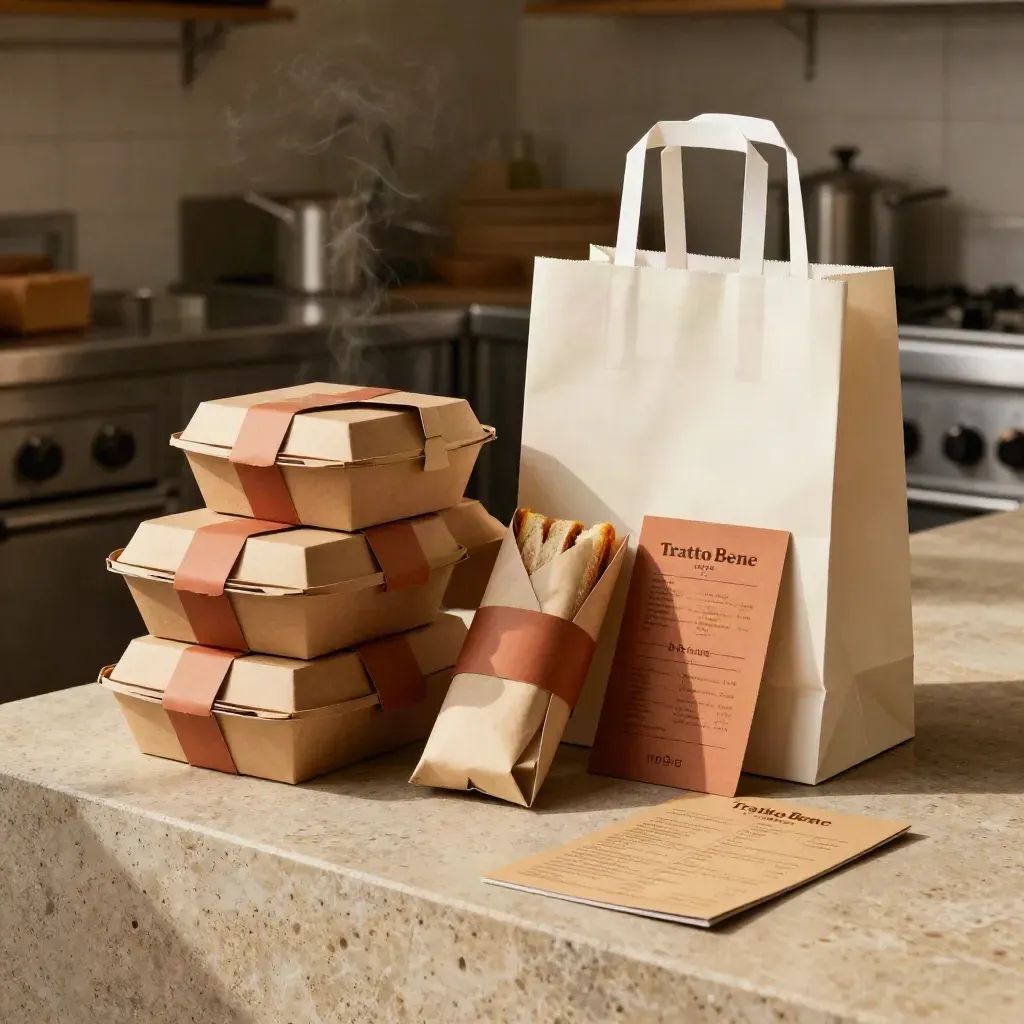 Scatole food con fascette terracotta e busta neutra su piano inclinato, luce calda.