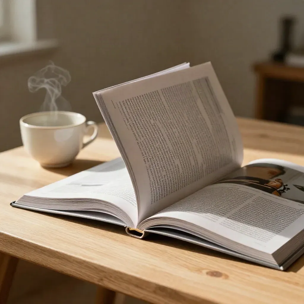 Mini magazine aperto, tazza in ceramica e fogli sottili su tavolo caldo, luce pomeridiana.
