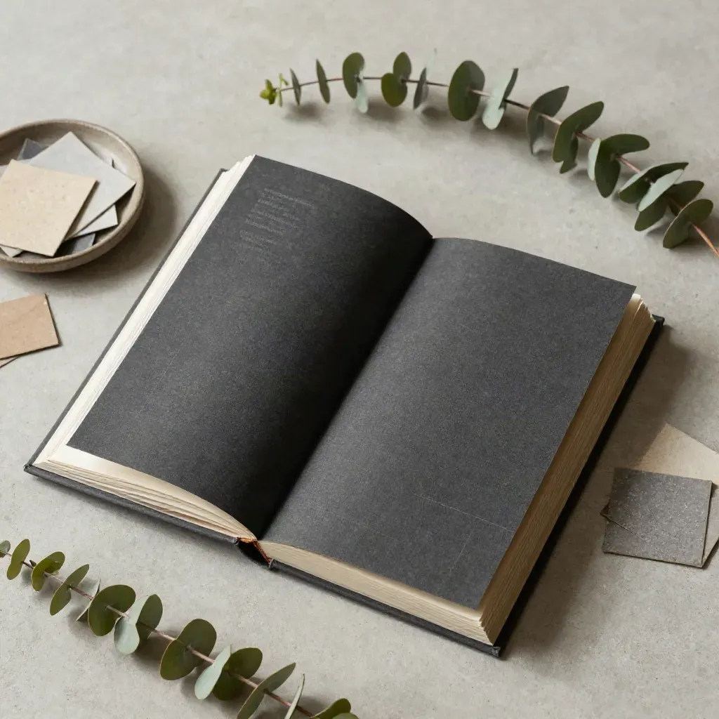 Libro di identità di marca con campioni carta, eucalipto e ciotola grezza su cemento chiaro.