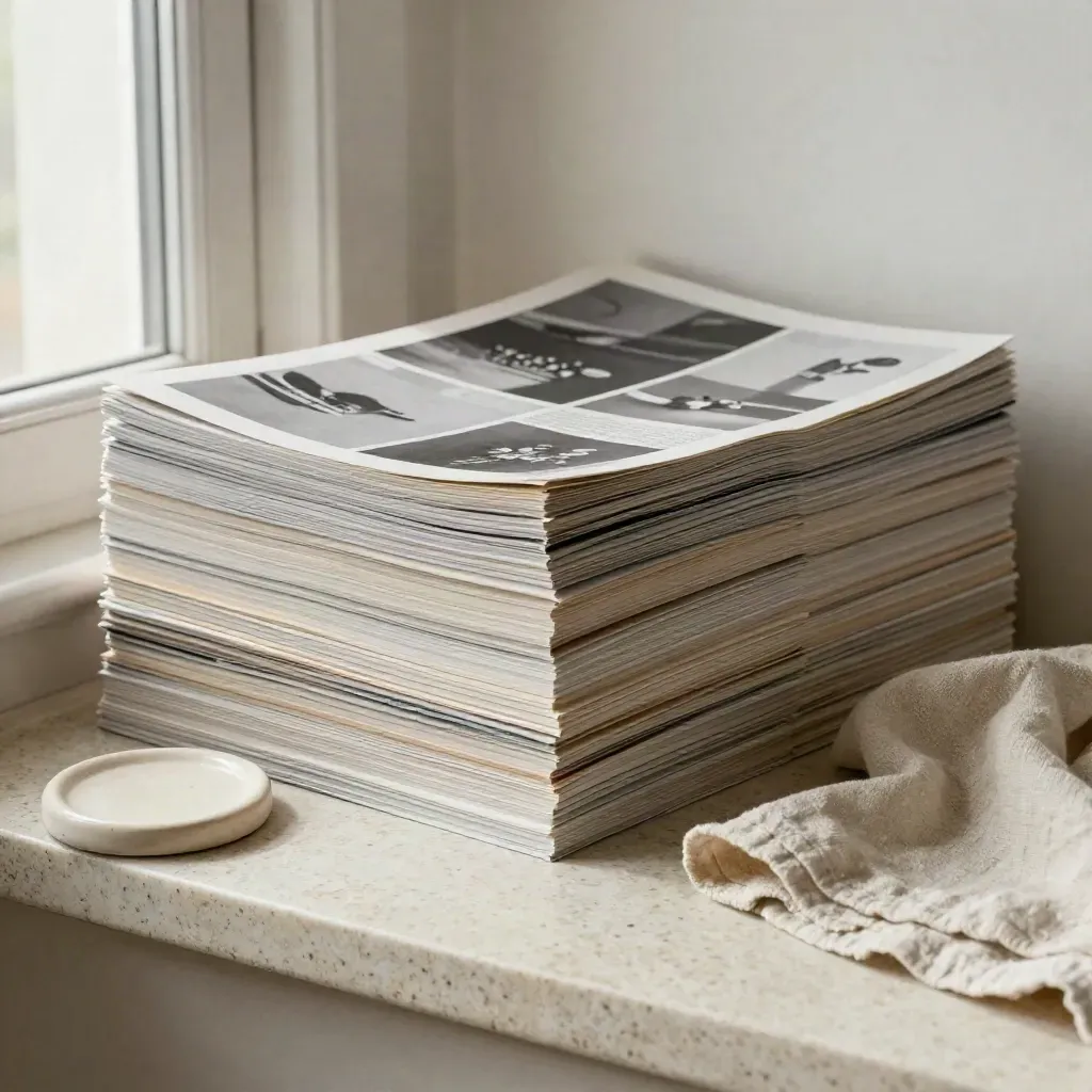 Pila di layout editoriali, sottobicchiere in ceramica e lino piegato su mensola chiara.